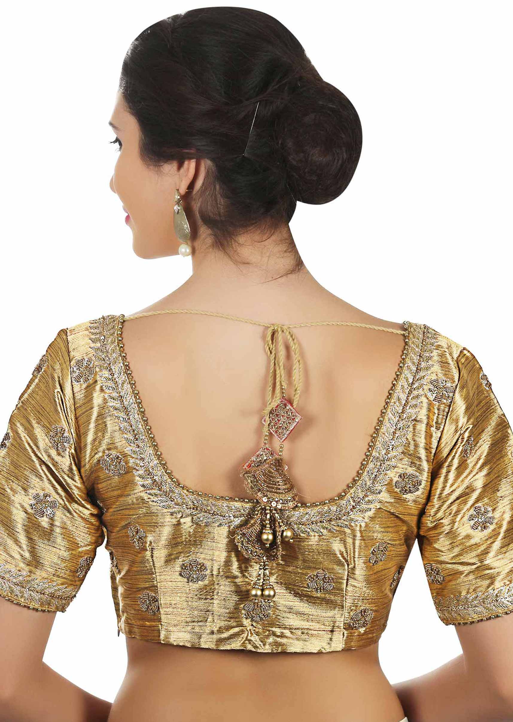 Gold raw silk blouse with moti embroider butti only on Kalki - KALKI Fashion India