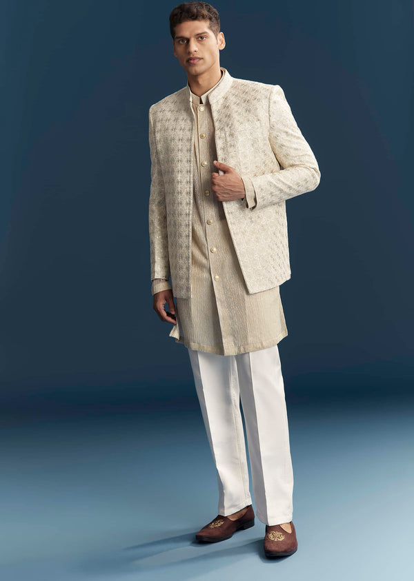 Gold Silk Kurta Jacket Set For Men With Embellishments