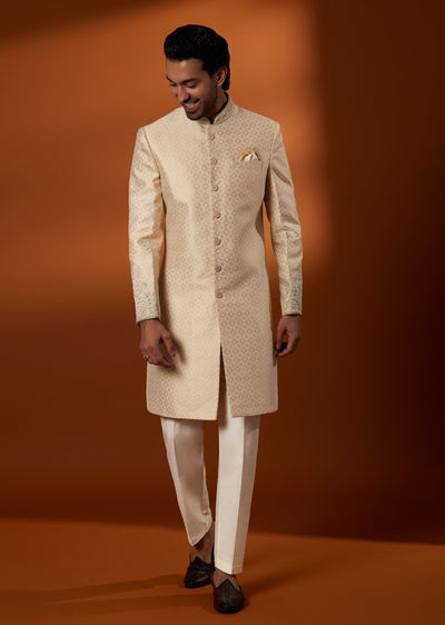 Gold Silk Resham Embroidered Sherwani With Bead And Sequin Detail