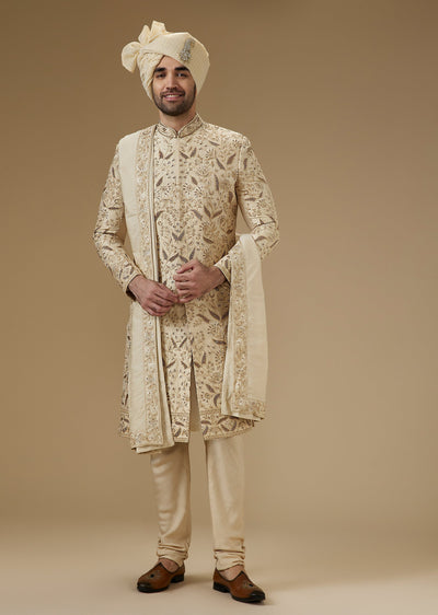 Gold Silk Sherwani With Zardozi And Sequin Embroidery
