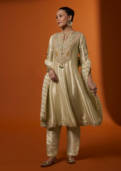 Gold Tissue Anarkali Suit Set With Zardosi Patchwork Embroidery