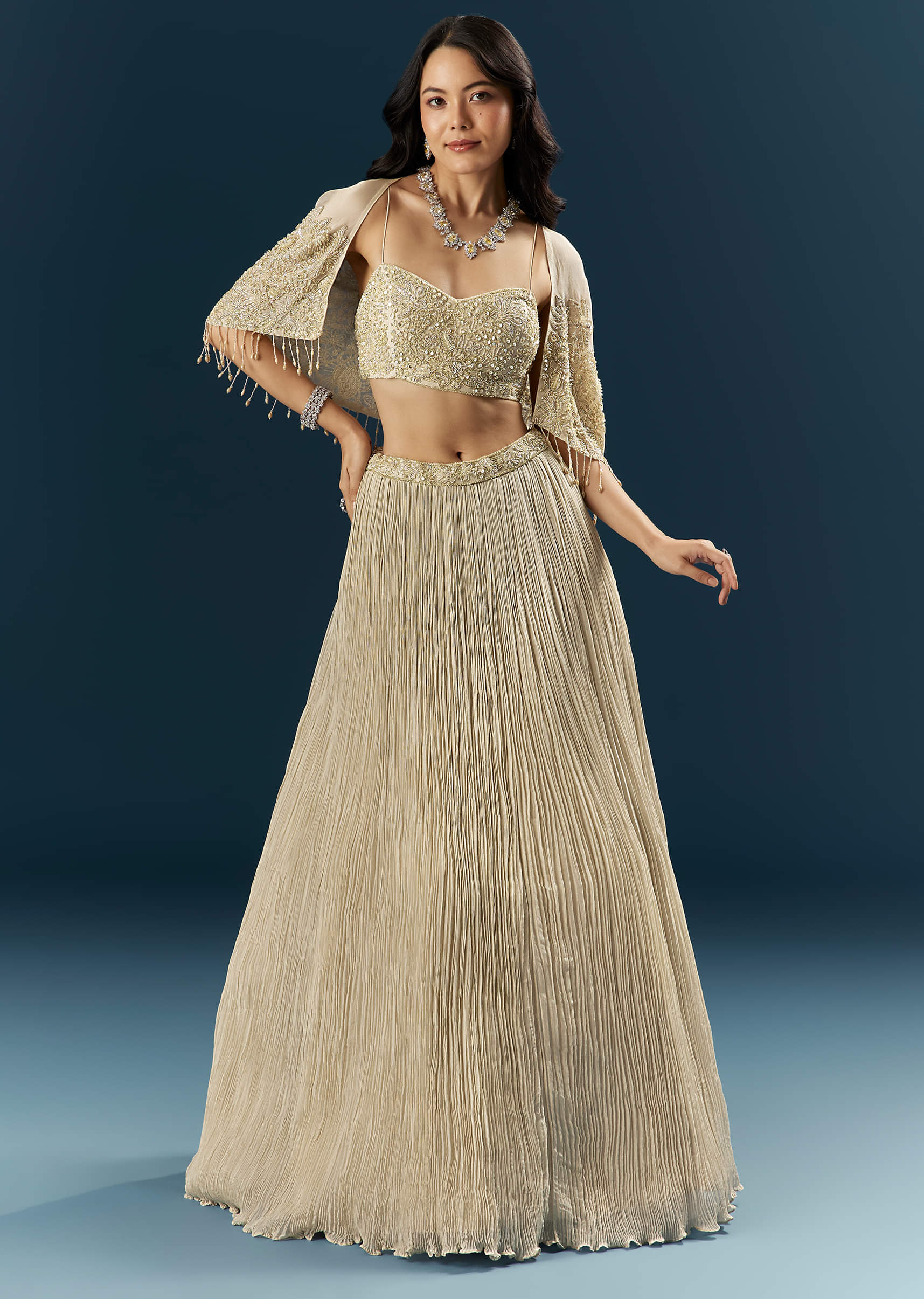 Gold Tissue Bridesmaid Lehenga With Cutdana And Beads Embroidery