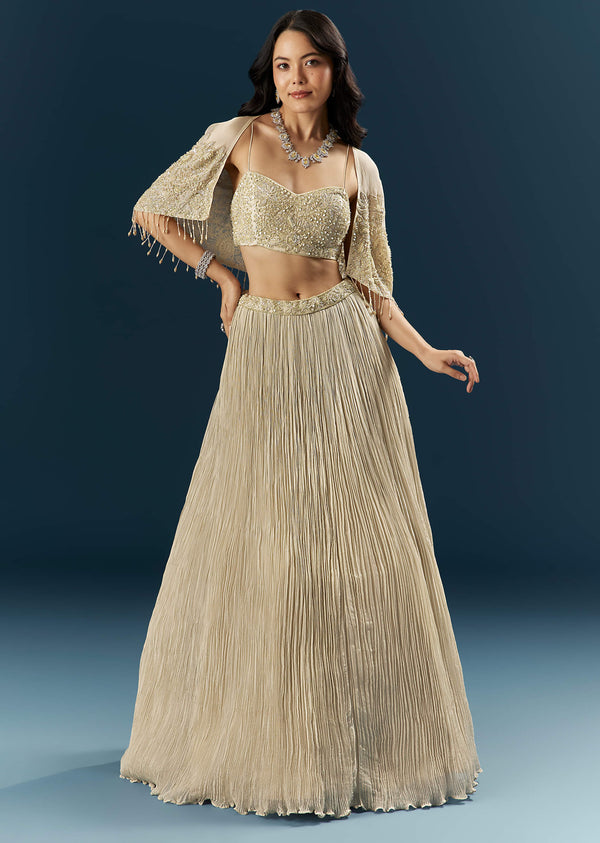 Gold Tissue Bridesmaid Lehenga With Cutdana And Beads Embroidery