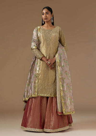 Gold Tissue Sharara Suit With Zardosi Embroidered Kurta And Floral Dupatta
