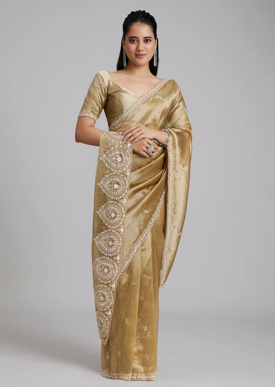 Gold Tissue Silk Saree With Minimal Butti Work And Heavy Pallu End Border