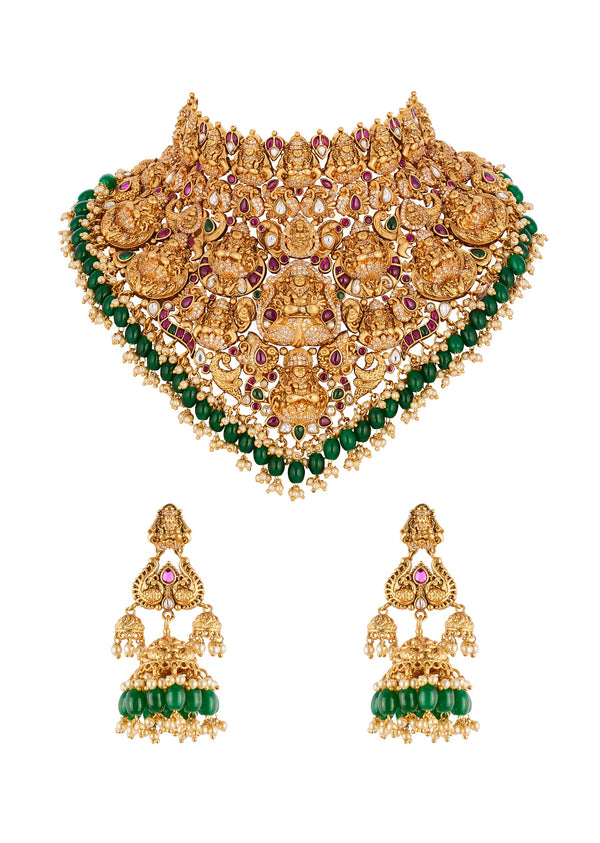 Gold Toned Necklace Set With Traditional Temple Motifs And Pink and Green Simulated Stones