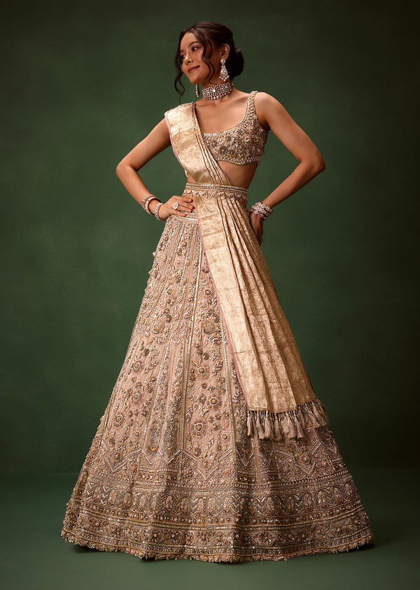 Gold Beige Chanderi Silk Lehenga Set With Embroidered Jacket And Dupatta