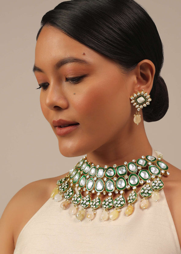 Gold Finish Green Kundan Polki Bridal Choker Set With Stones