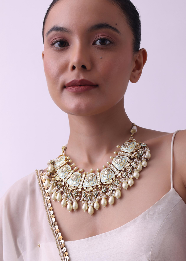 Gold Finish Kundan Necklace With Meenakari Work