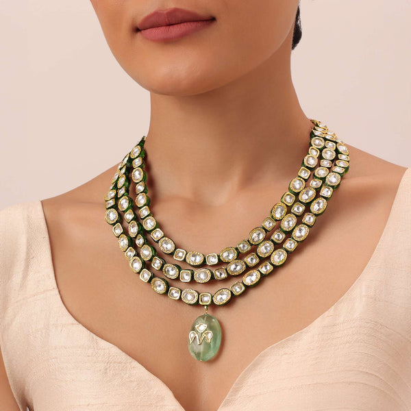 Gold Tone Layered Kundan Necklace With Green Pendant Stone Drop