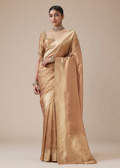 Golden Unstitched Tissue Saree With Embroidered Blouse