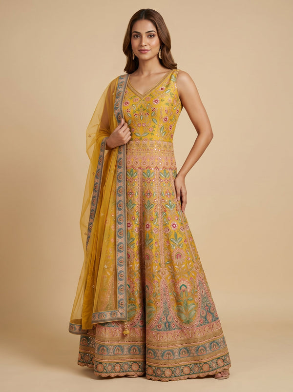 Golden Yellow Anarkali Pant Set
