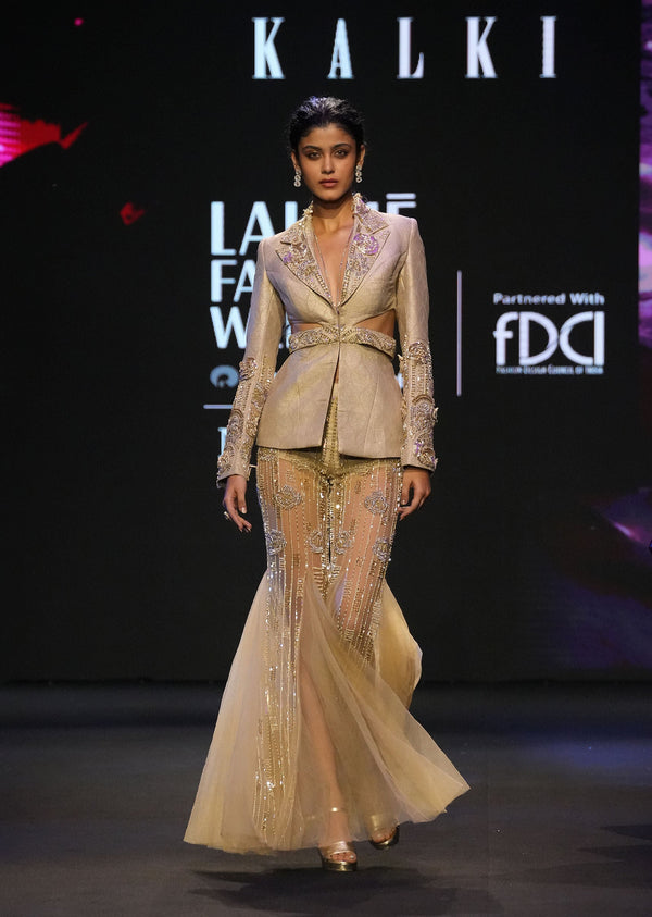 Golden Brocade Palazzo Suit With Frills