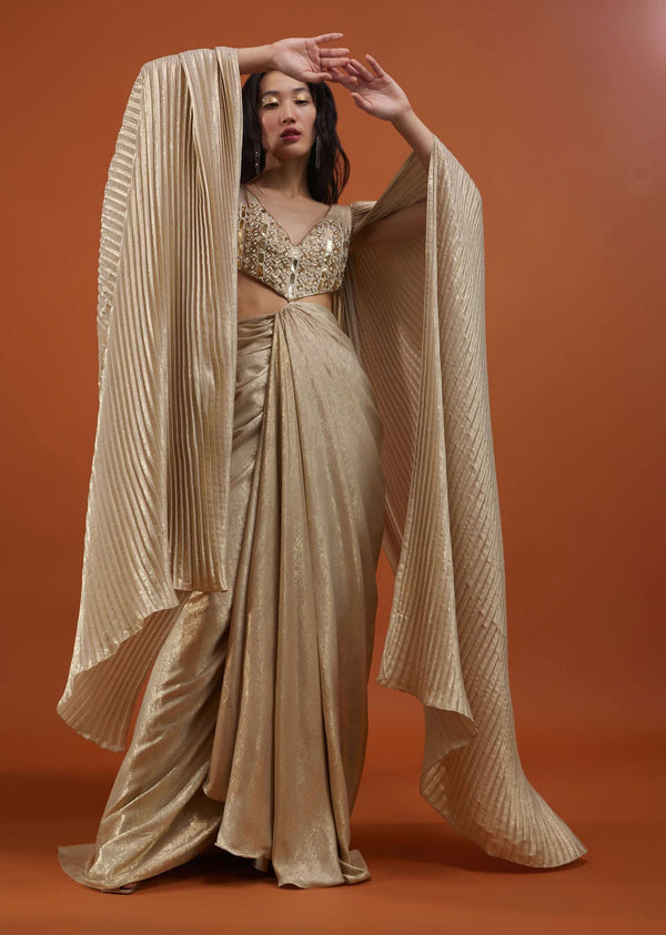 Mocha Brown Gown With A Pre-Pleated Dhoti Skirt And Royal Cape Sleeves - NOOR 2022