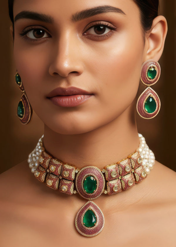 Green And Red Jewellery Set In Kundan Polki