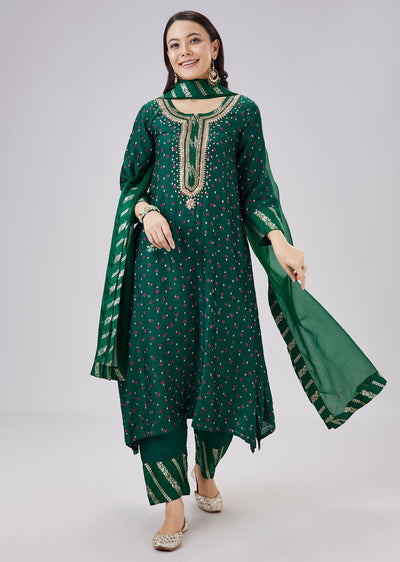 Green Banarasi Bandhani Silk Kurta Set With Dupatta