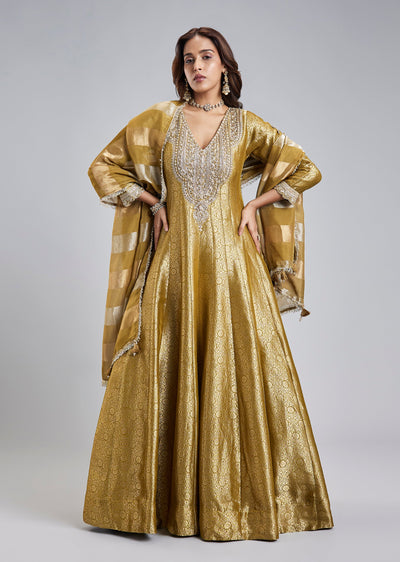 Green Brocade Anarkali Set With Zardosi Neckline And Striped Dupatta