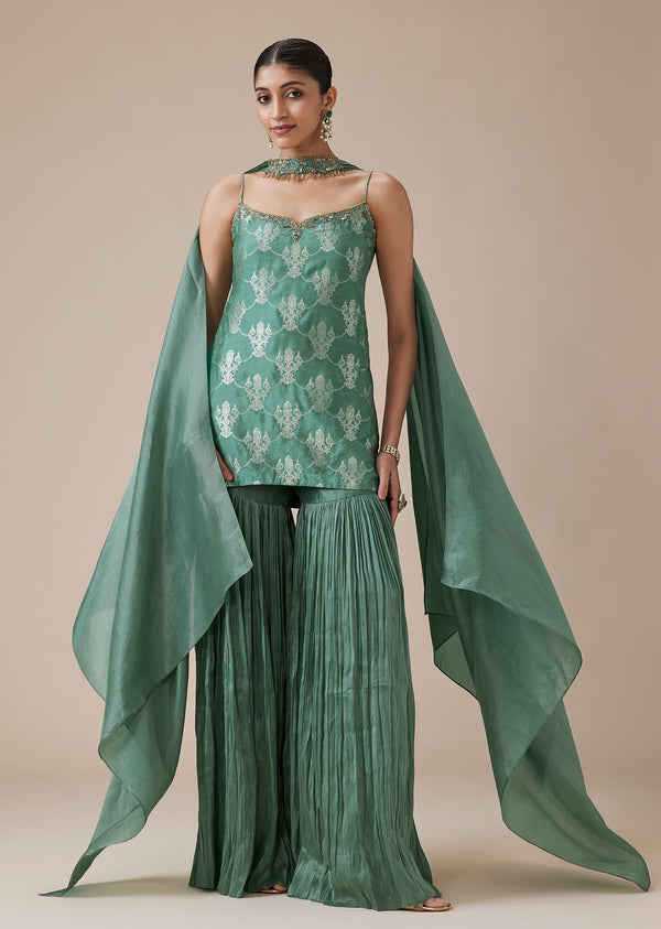 Green Pure Banarasi Brocade Kurta Palazzo Suit Set