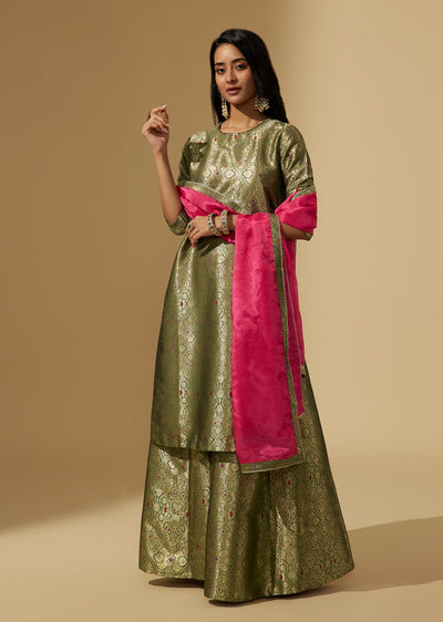 Green Brocade Palazzo Suit Set With Contrast Dupatta