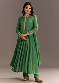 Green Chinon Kurta With Zardosi Moti Work On Neckline And Sleeves