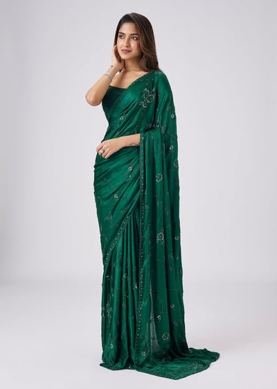 Green Chinon Saree With Cut Dana And Sequin Jaal Embroidery