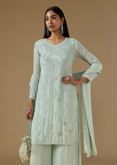 Green Chinon Sharara Suit With Cut Dana And Sequin Embroidered Kurta