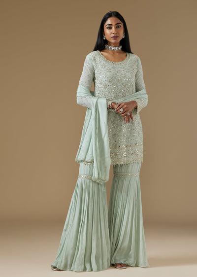 Green Chinon Sharara Suit With Mirror Cut Dana And Moti Embroidery