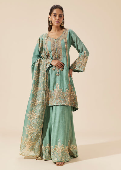Green Cotton Chinon Palazzo Suit With Gotta Highlight Prints