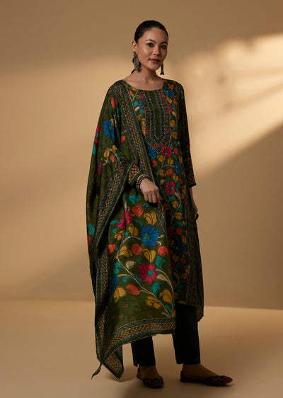 Green Cotton Kurta Set With Multi Color Kalamkari Print