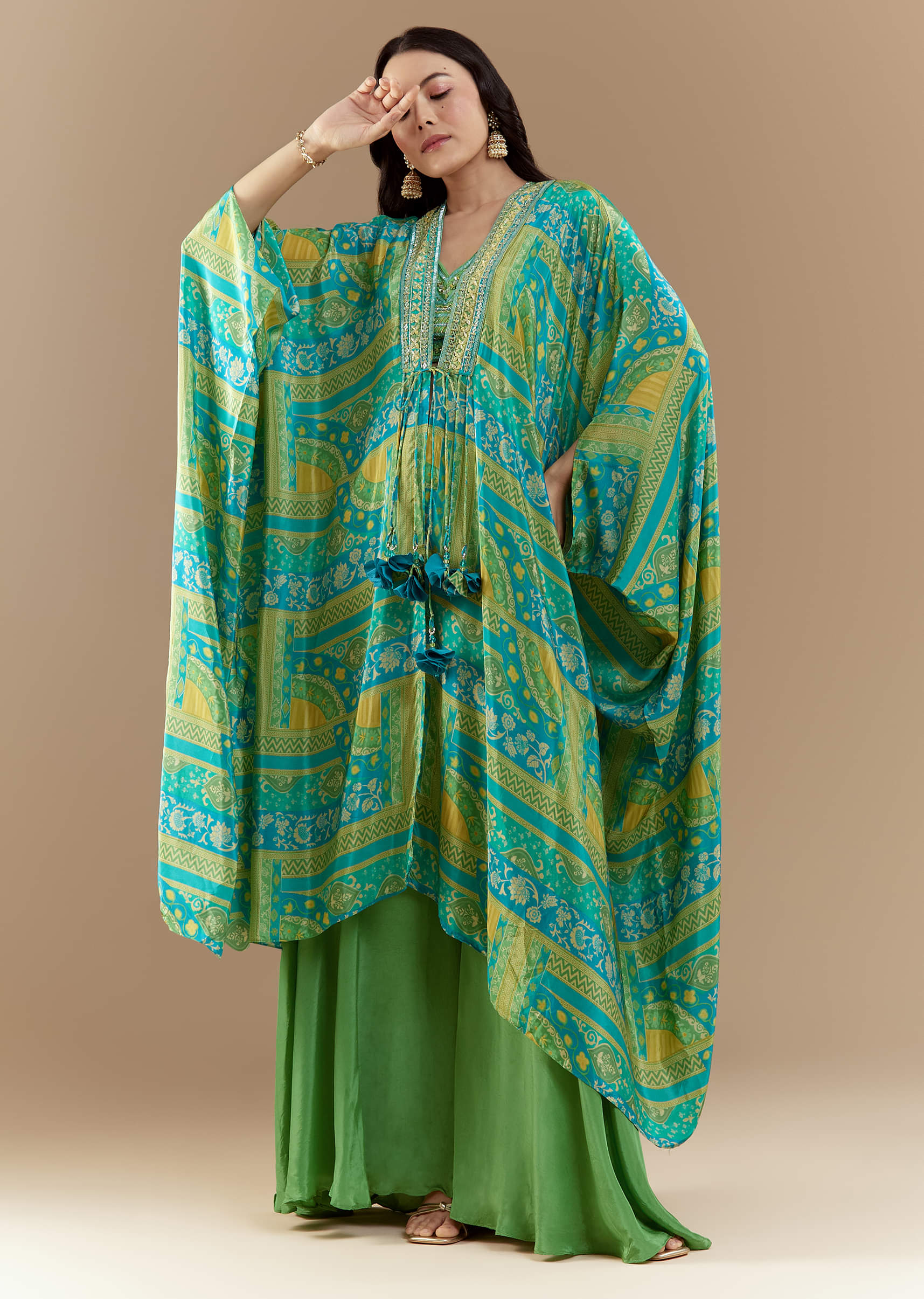 Green Crop Top Palazzo Set with Printed Cape