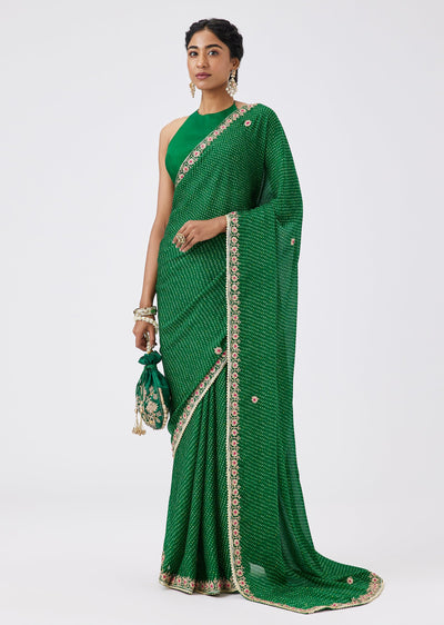 Green Dola Silk Bandhani Printed Saree With Unstitched Blouse