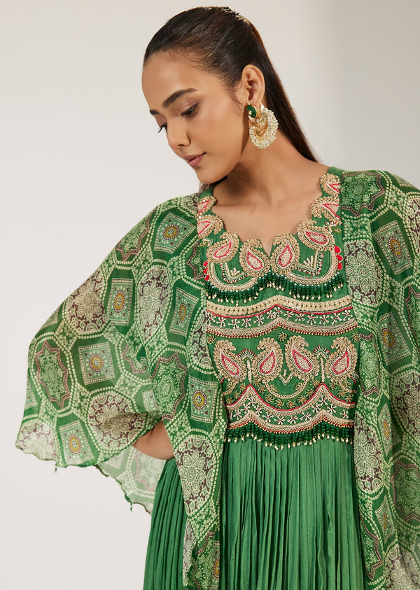 Green Dola Silk Embroidered Anarkali Gown With Bandhani Printed Flared Sleeves