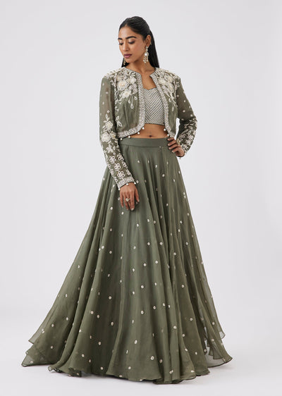 Green Embroidered Organza Lehenga Jacket Set With Moti Studded Choli