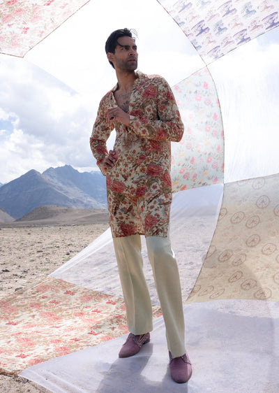Green Floral Printed V Neck Kurta Set