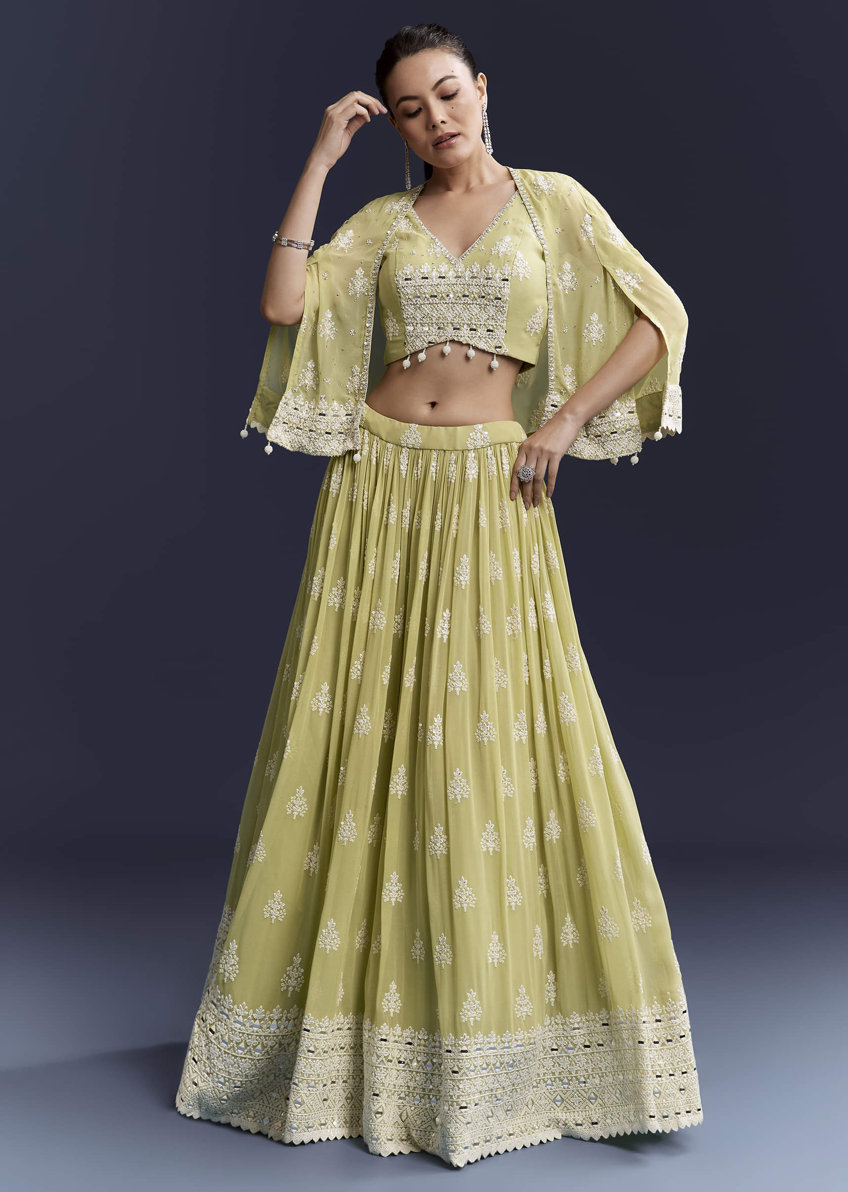Green Georgette Bridesmaid Lehenga With Sequins And Thread Work
