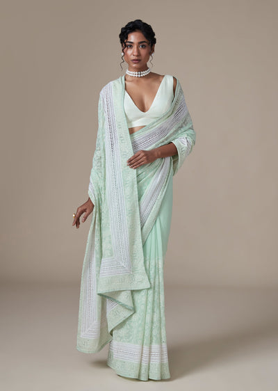 Green Georgette Chikankari Saree With All Over Resham Jaal Work