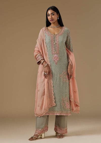 Green Georgette Kurta Set With All Over Resham And Foil Mirror Embroidery