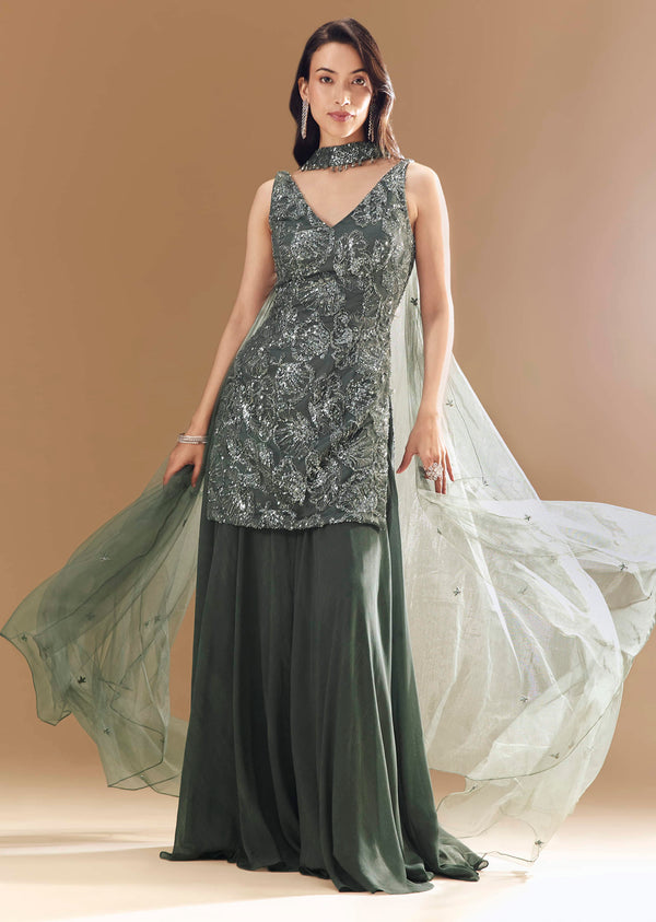 Buy Green Georgette Palazzo Set with Choker Dupatta | KALKI Fashion India