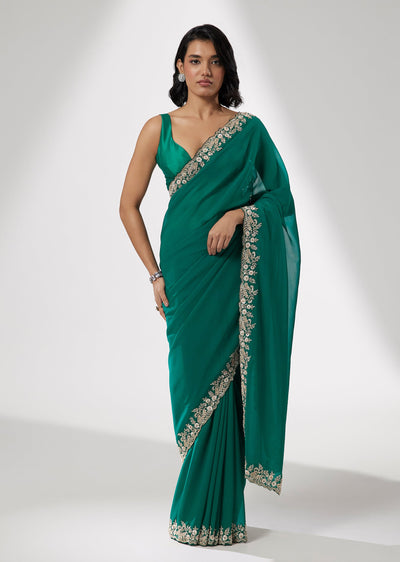 Green Georgette Saree with Sequin and Cutdana Embroidery