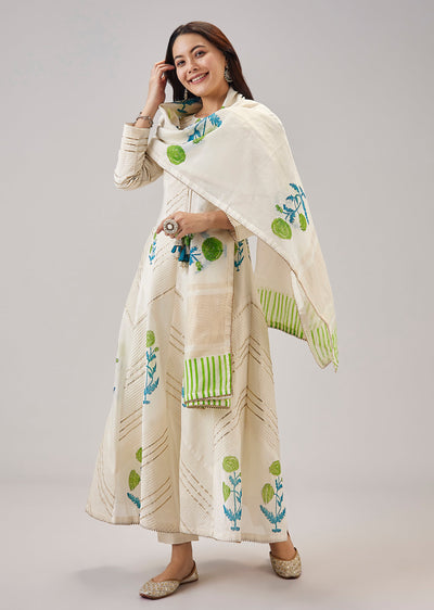 Green Hand Block Print Anarkali With Gotta Lace Work