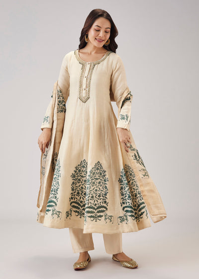 Green Hand Block Print Anarkali With Zardosi Work