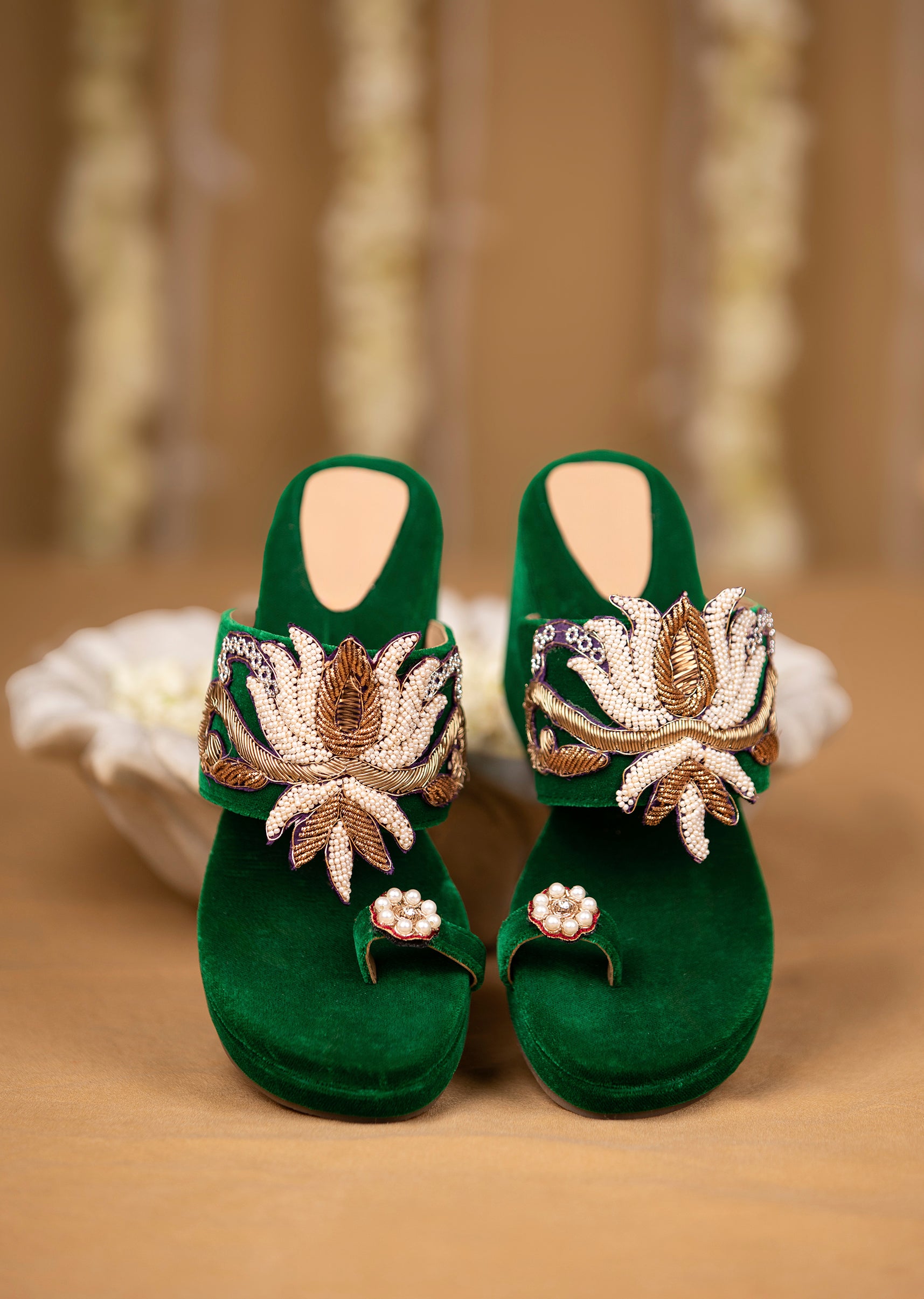Buy Green Hand Embellished Velvet Wedges | KALKI Fashion India