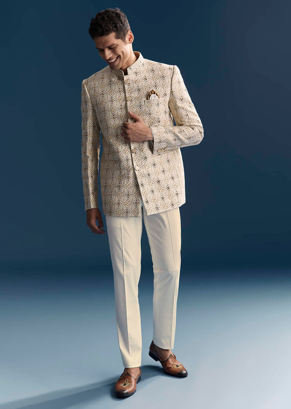 Green Jacquard Jodhpuri Suit For Men With Zardosi And Sequins Embroidery