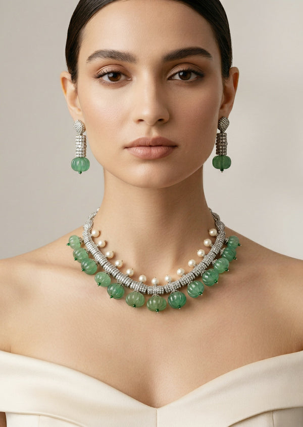 Green Kundan Polki Short Necklace Set With Earrings