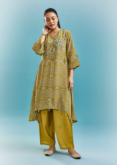 Green Kurta Palazzo Set With Cut Dana, Beads And Sequins Work