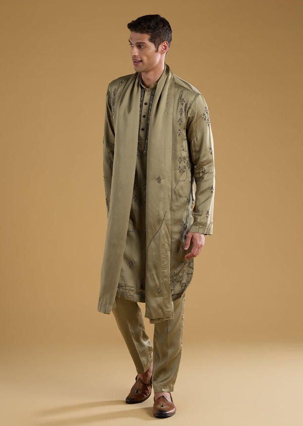 Green Linen Blend Silk Embroidered Mens Kurta Set with Dupatta