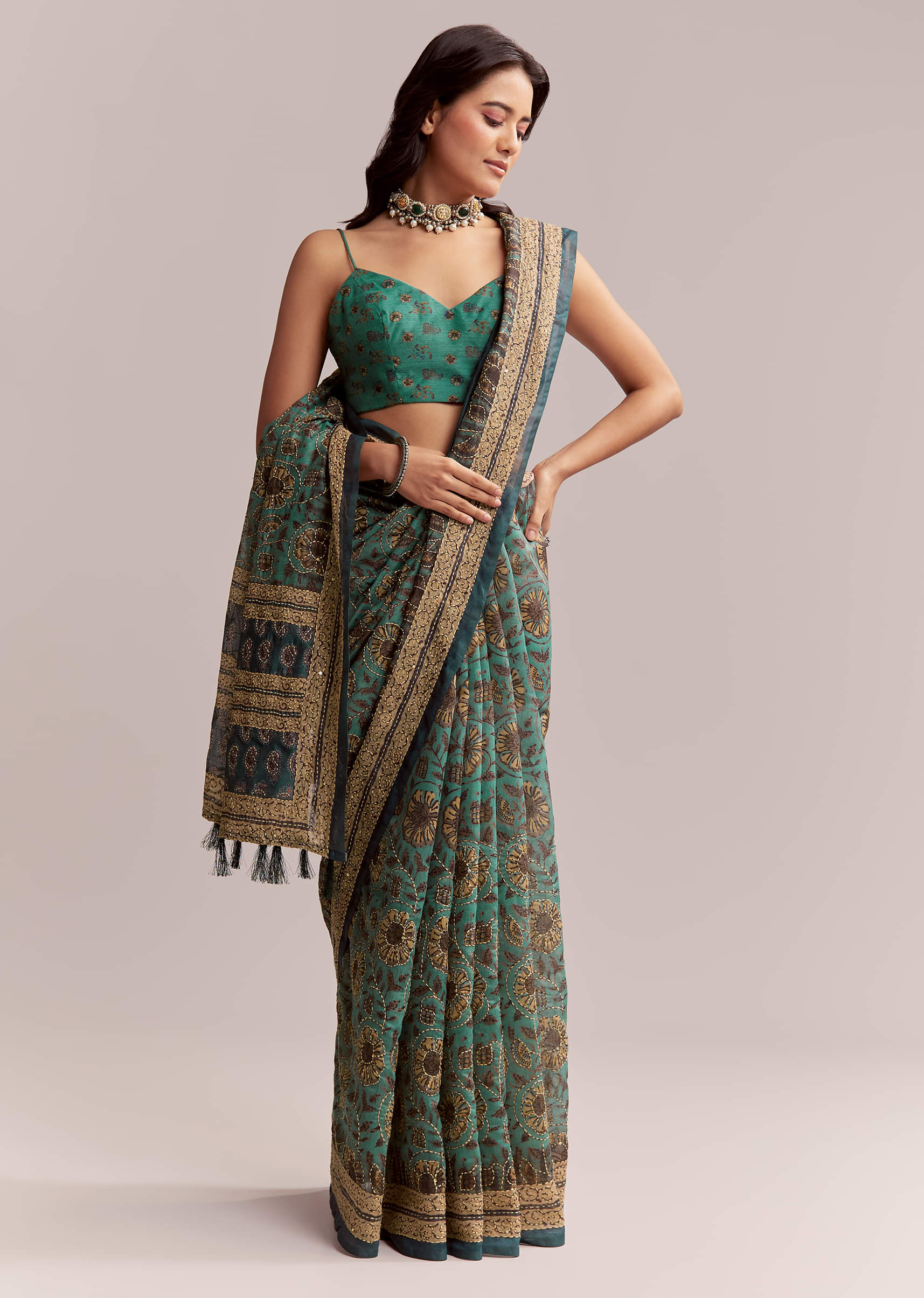 Green Linen Printed Saree With Heritage Ajrakh Work