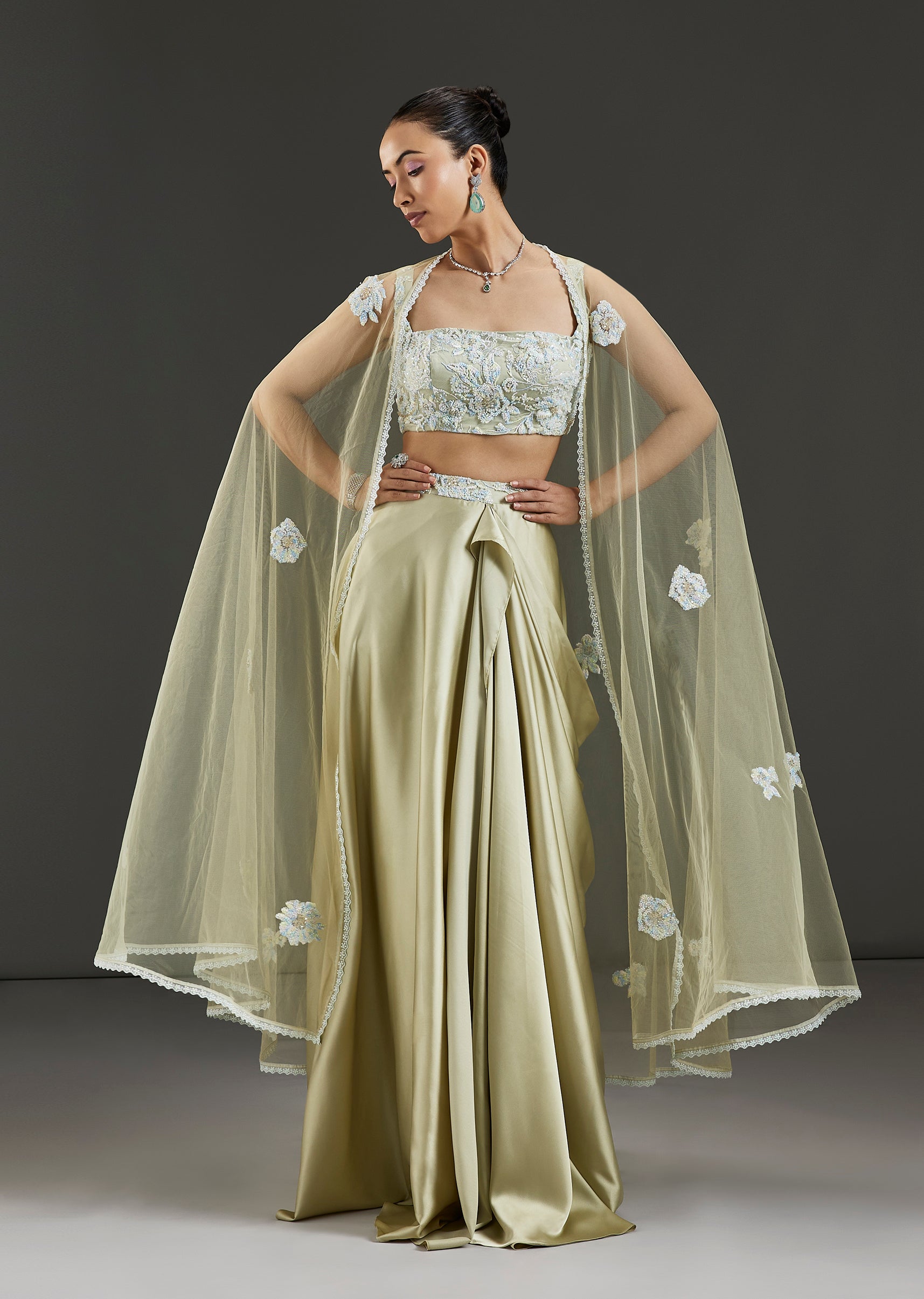 Green Milano Drape Skirt Set With Embellished Cape