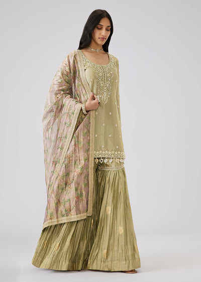 Green Mirror Tassel Sharara Suit Set