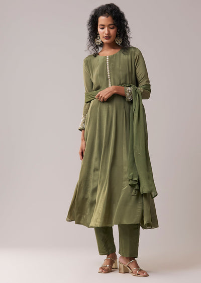 Green Moti Work Silk Embroidered Anarkali Set